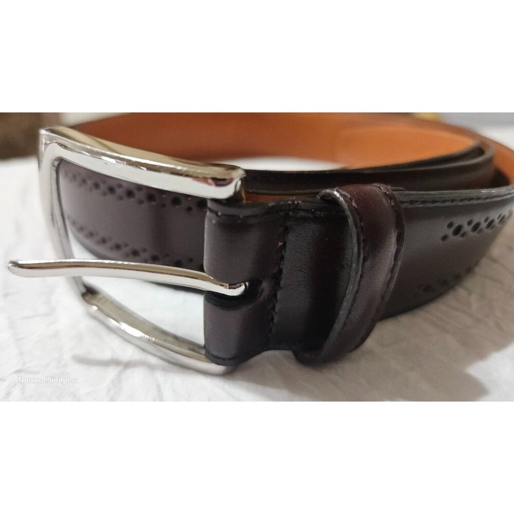 Mens Leather Perforated Belt With Silver Buckle Size 46/115 Made In USA Dark Bro